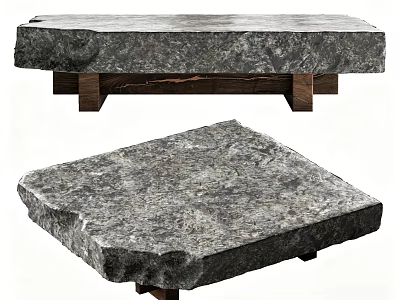 Natural Stone Coffee Table With Rustic Textured Surface And Wooden Base For Modern Living Room 3d model