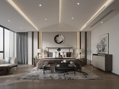 Elegant Modern Bedroom Interior With Large Bed Round Decorative Painting And Area Rug 3d model