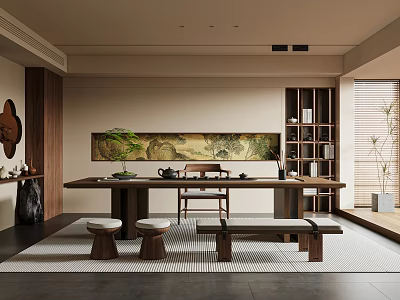 Traditional Japanese Tea Room Interior With Long Wooden Table Stools Scroll Painting And Green Plant 3d model