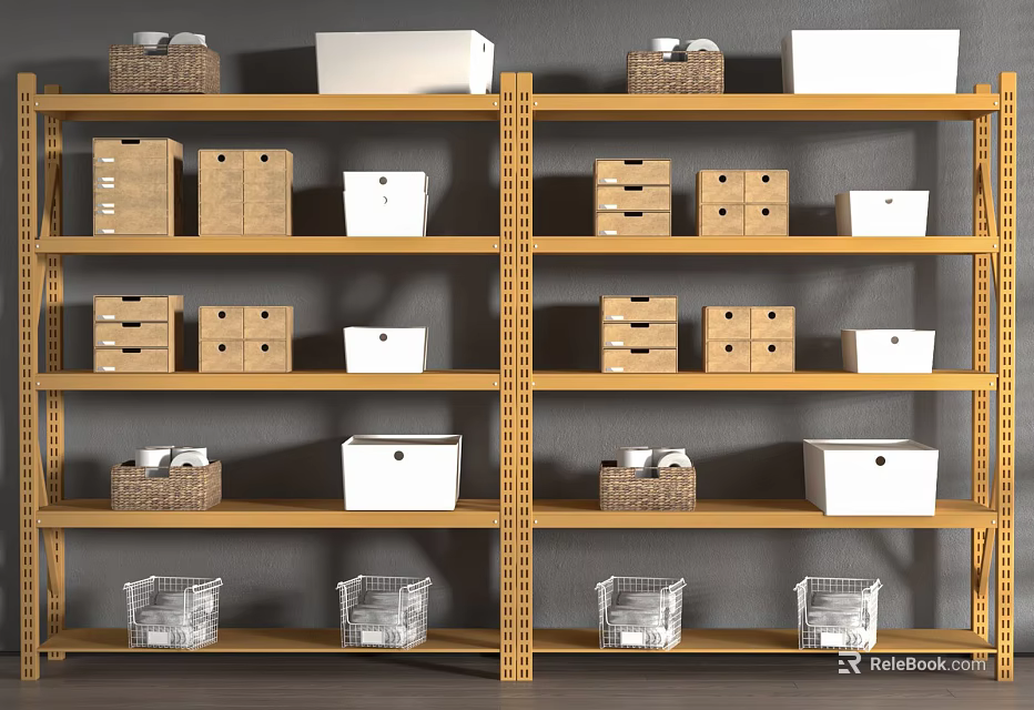 Organized Display Shelves With Metal Frames Brown Boxes White Containers And Wicker Baskets 3d model 