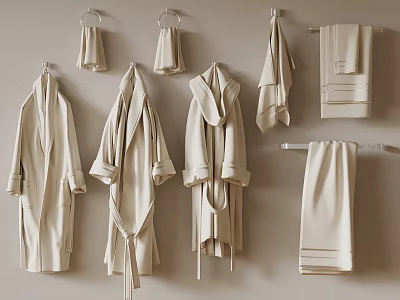 Soft Beige Towels and Bathrobes Hanging on Wall Hooks and Racks 3d model