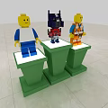 Colorful Display Shelves Showcasing Lego Figures and Robot with Green White Yellow Stands