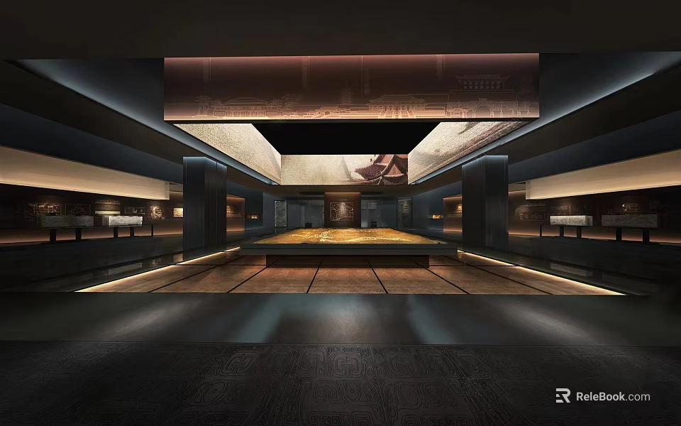 Modern Spacious Cultural Center Interior Design With Central Platform And Recessed Lighting 3d model 