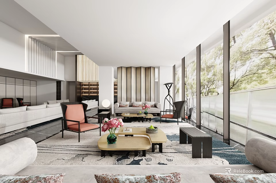 Modern Lounge Area Interior Design With Sofa Coffee Table And Large Windows 3d model