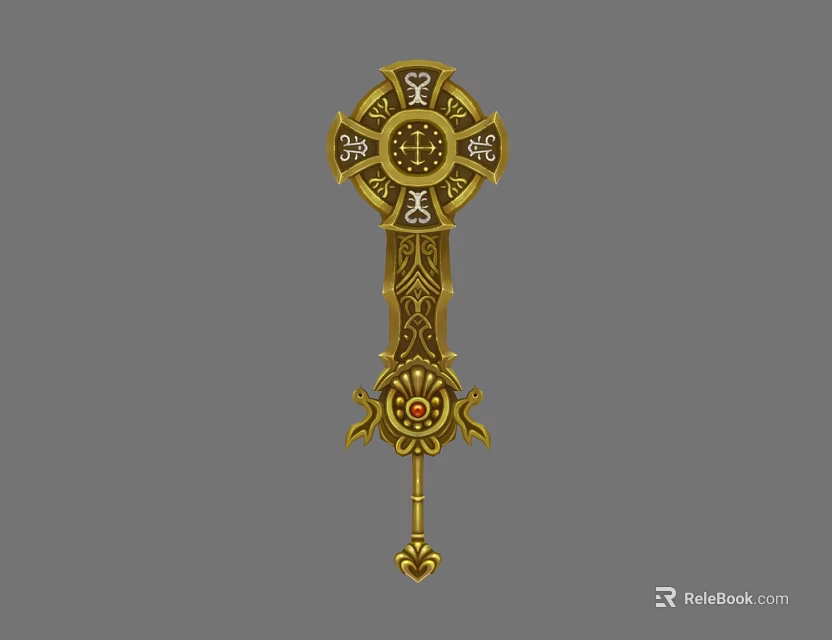 Golden Cross Shaped Weapon With Intricate Ornate Decorations And Gemstone Accents 3d model 