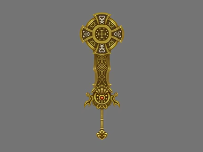 Golden Cross Shaped Weapon With Intricate Ornate Decorations And Gemstone Accents 3d model