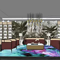 Modern Reception Area Design With Bookshelves Chandelier Colorful Rug And Comfortable Sofas