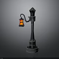 Vintage Street Lamp Design With Black Post Pointed Top Red Lantern And Yellow Light
