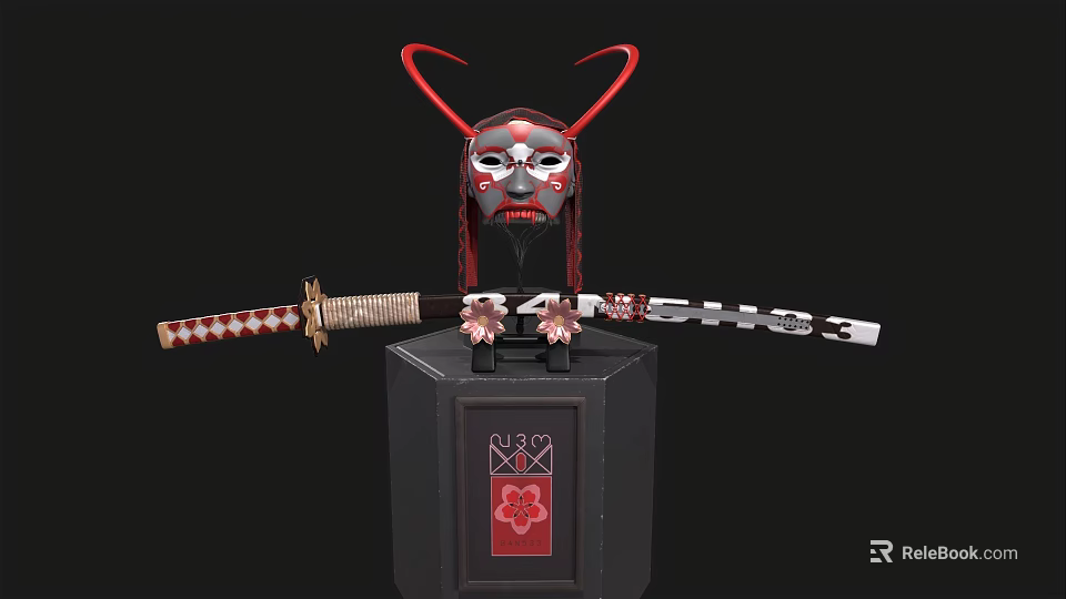 Samurai Swords With Red White Scabbards Horned Mask On Black Stand Cherry Blossom Symbol 3d model 