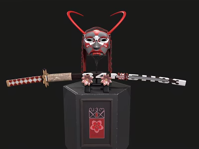 Samurai Swords With Red White Scabbards Horned Mask On Black Stand Cherry Blossom Symbol 3d model