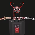 Samurai Swords With Red White Scabbards Horned Mask On Black Stand Cherry Blossom Symbol