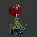 Detailed Red Cape Figure Standing On Green Dragon Base With Blue Water Splashes