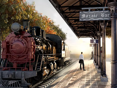 Vintage Red Steam Train On Railway Platform 8 With Bazaar Bar Sign And Autumn Trees 3d model