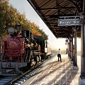 Vintage Red Steam Train On Railway Platform 8 With Bazaar Bar Sign And Autumn Trees