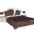 Double Bed With Tufted Brown Headboard Curved Wooden Frame White Nightstands Table Lamps Brown Bedspread