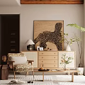 Cozy Living Room Accent Chair With Woven Details Wooden Dresser Lion Painting And Green Plants