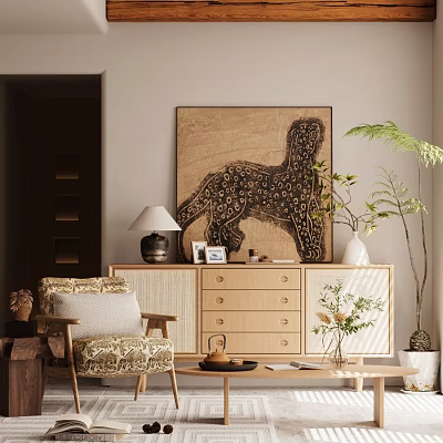 Cozy Living Room Accent Chair With Woven Details Wooden Dresser Lion Painting And Green Plants 3d model