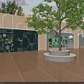 Modern Landscape Wall Featuring Colorful Patterns With Trees Circular Planter and Paved Outdoor Floor