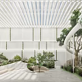 Modern Shopping Mall Lobby Featuring White Slatted Ceiling Green Plants Curved Seating And Slide