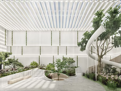 Modern Shopping Mall Lobby Featuring White Slatted Ceiling Green Plants Curved Seating And Slide 3d model