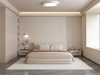Modern Minimalist Bedroom Interior With Neutral Bedside Tables Soft Rug And Warm Lighting 3d model