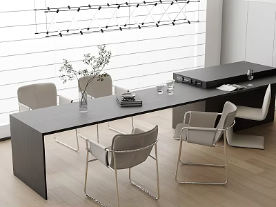 Modern Black Table And Gray Chairs With Vase Plant Books Wine Glass Blinds Wooden Floor 3d model