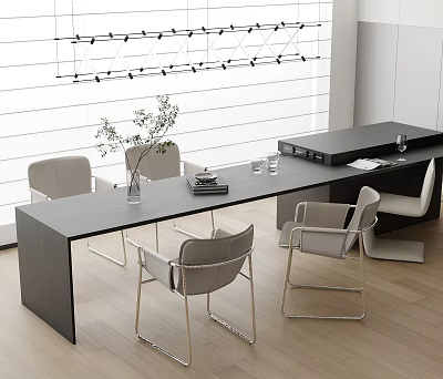 Modern Black Table And Gray Chairs With Vase Plant Books Wine Glass Blinds Wooden Floor 3d model