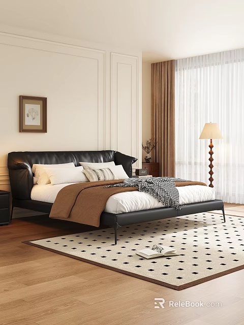 Black Leather Double Bed With White Pillows Brown Blanket And Black And White Geometric Rug 3d model 