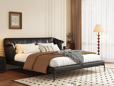 Black Leather Double Bed With White Pillows Brown Blanket And Black And White Geometric Rug 3d model