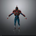 3D Character With Biological Armor Red Blue Spiked Shoulders Horned Helmet Sci Fi Design