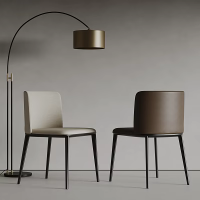 Modern Beige And Brown Dining Chairs With Black Metal Legs Near Floor Lamp Gray Wall 3d model