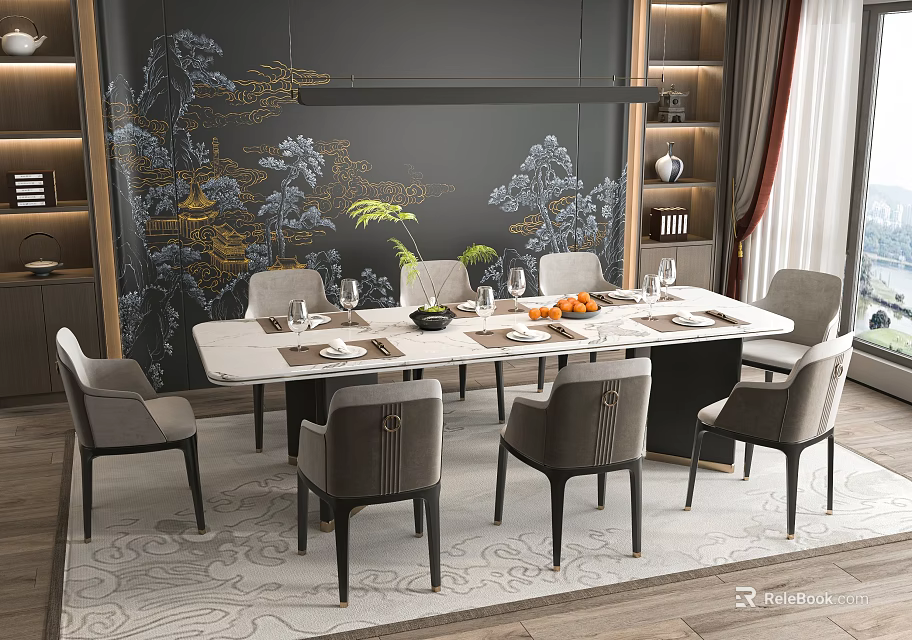 Modern Rectangular Dining Table Set With Grey Chairs Decorative Wall And Fruit Arrangement 3d model