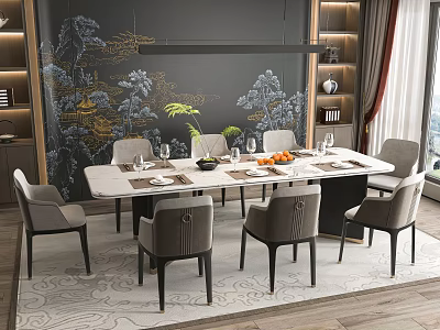 Modern Rectangular Dining Table Set With Grey Chairs Decorative Wall And Fruit Arrangement 3d model