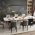 Modern Rectangular Dining Table Set With Grey Chairs Decorative Wall And Fruit Arrangement 3d model