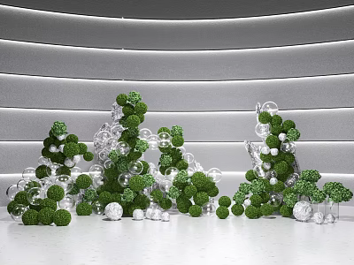 Decorative Green Plant Balls With Transparent Glass Balls On Gray Wall With Striped Lighting 3d model