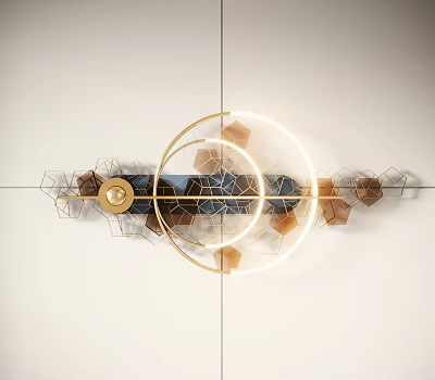 Modern Geometric Wall Decor With Gold Metal Frame Blue Brown Accents And Illuminated Rings 3d model