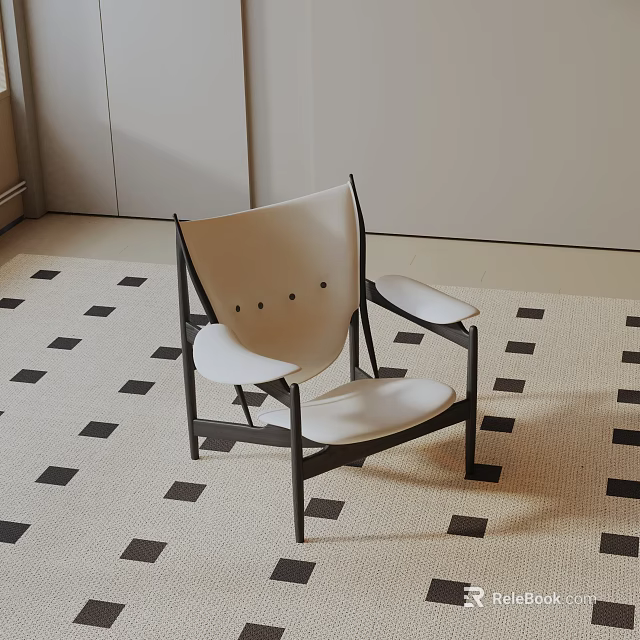 Modern Minimalist Leisure Chair With White Backrest And Black Metal Frame On Geometric Pattern Rug 3d model 