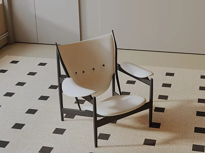 Modern Minimalist Leisure Chair With White Backrest And Black Metal Frame On Geometric Pattern Rug 3d model
