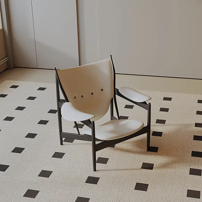 Modern Minimalist Leisure Chair With White Backrest And Black Metal Frame On Geometric Pattern Rug 3d model