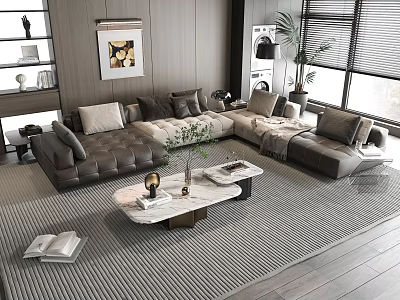 Modern Leather Sectional Sofa Coffee Table Set With Marble Top And Striped Area Rug 3d model