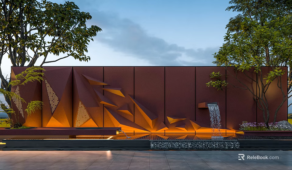 Modern Geometric Building Exterior Wall With Brown Textured Surface And Fountain Feature Surrounded By Trees 3d model 