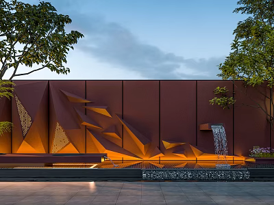 Modern Geometric Building Exterior Wall With Brown Textured Surface And Fountain Feature Surrounded By Trees 3d model