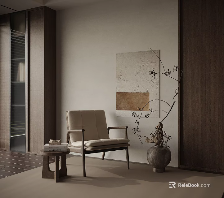 Modern Beige Accent Chair With Wooden Armrests Small Side Table Vase And Decorative Painting 3d model 
