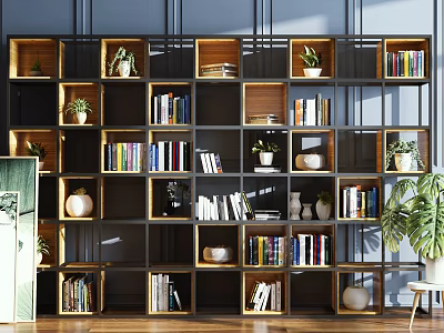 Modern Bookcase Interior Design With Open Compartments Books Plants And Decorative Items 3d model