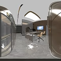 Modern Public Office Space Design With Wooden Walls Round Mirror And Green Plants