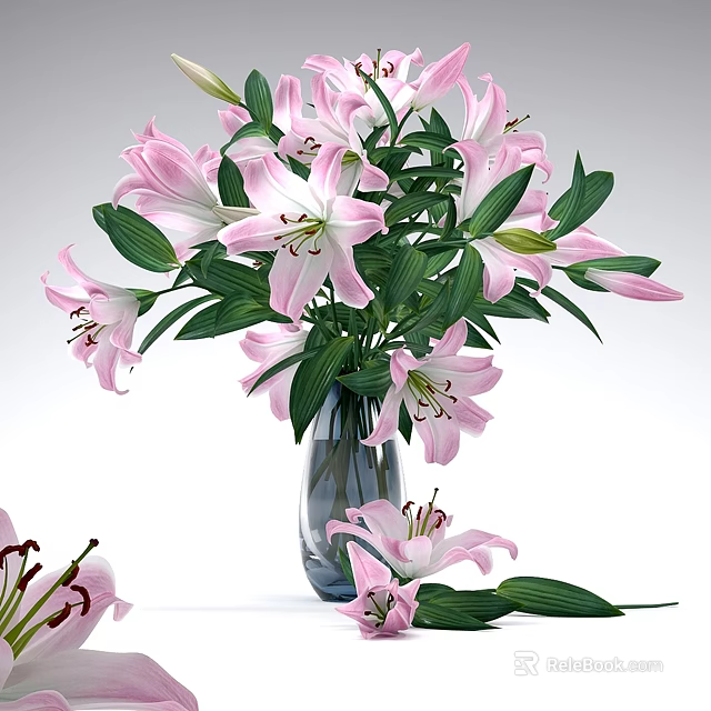 Transparent Glass Vase With Pink Lilies And Green Leaves Floral Arrangement 3d model 