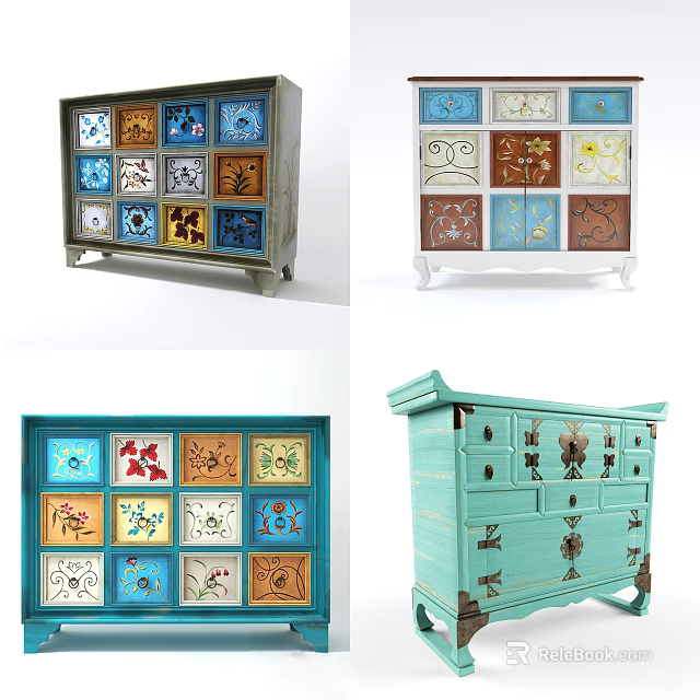 Vintage Entryway Console Table and Side Cabinet With Colorful Decorative Panels and Storage Drawers 3d model 