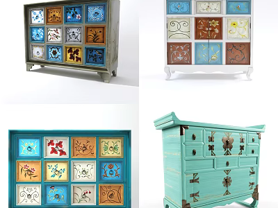 Vintage Entryway Console Table and Side Cabinet With Colorful Decorative Panels and Storage Drawers 3d model