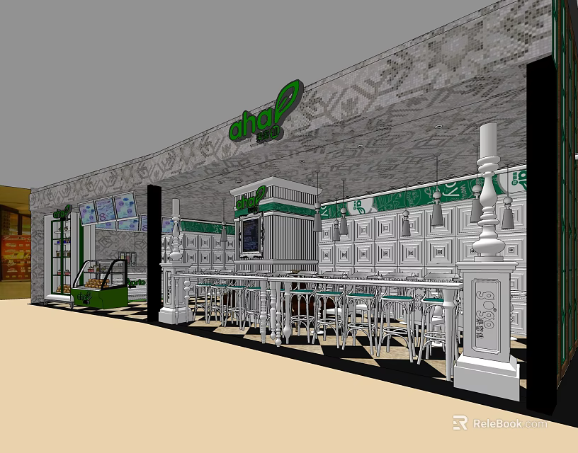 Green Themed Milk Tea Shop With Decorative Wall And Seating Area 3d model 