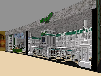 Green Themed Milk Tea Shop With Decorative Wall And Seating Area 3d model